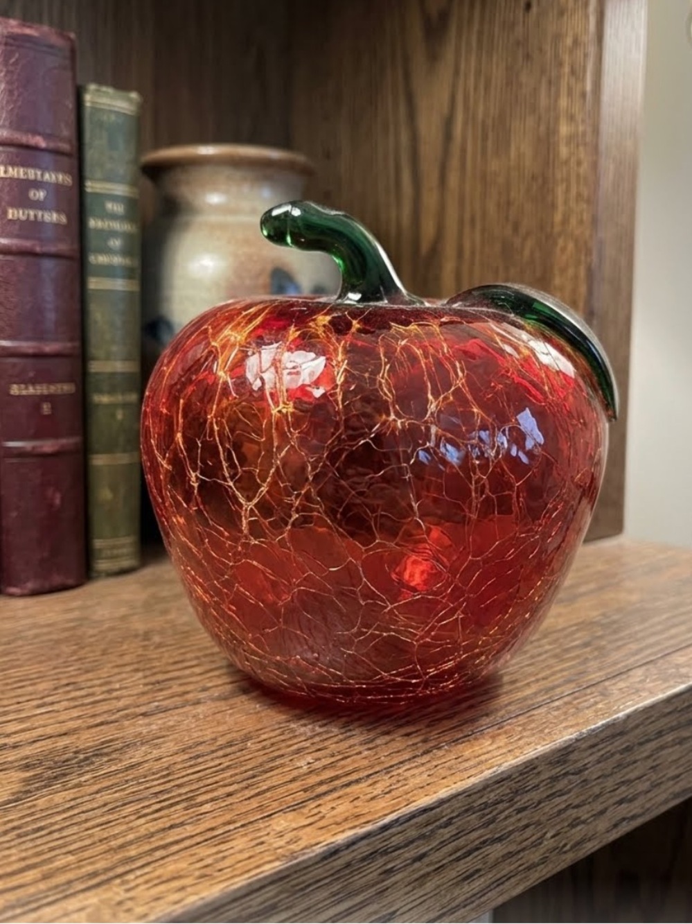 Large Drizzle Candy Apple Art Glass 
4.5" Red Green Fruit Decor
